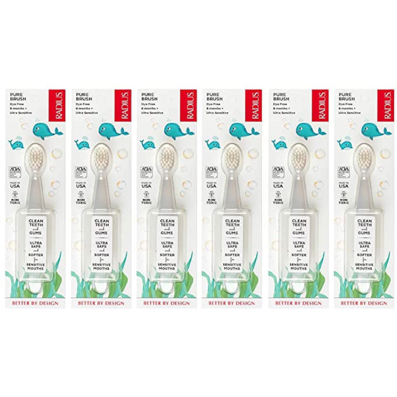 RADIUS Children's Toothbrush Pure Brush Ultra Soft BPA Free ADA Accepted Designed for Delicate Teeth for Kids 6 Months and Up - Clear - Pack of 6 Visit the RADIUS Store