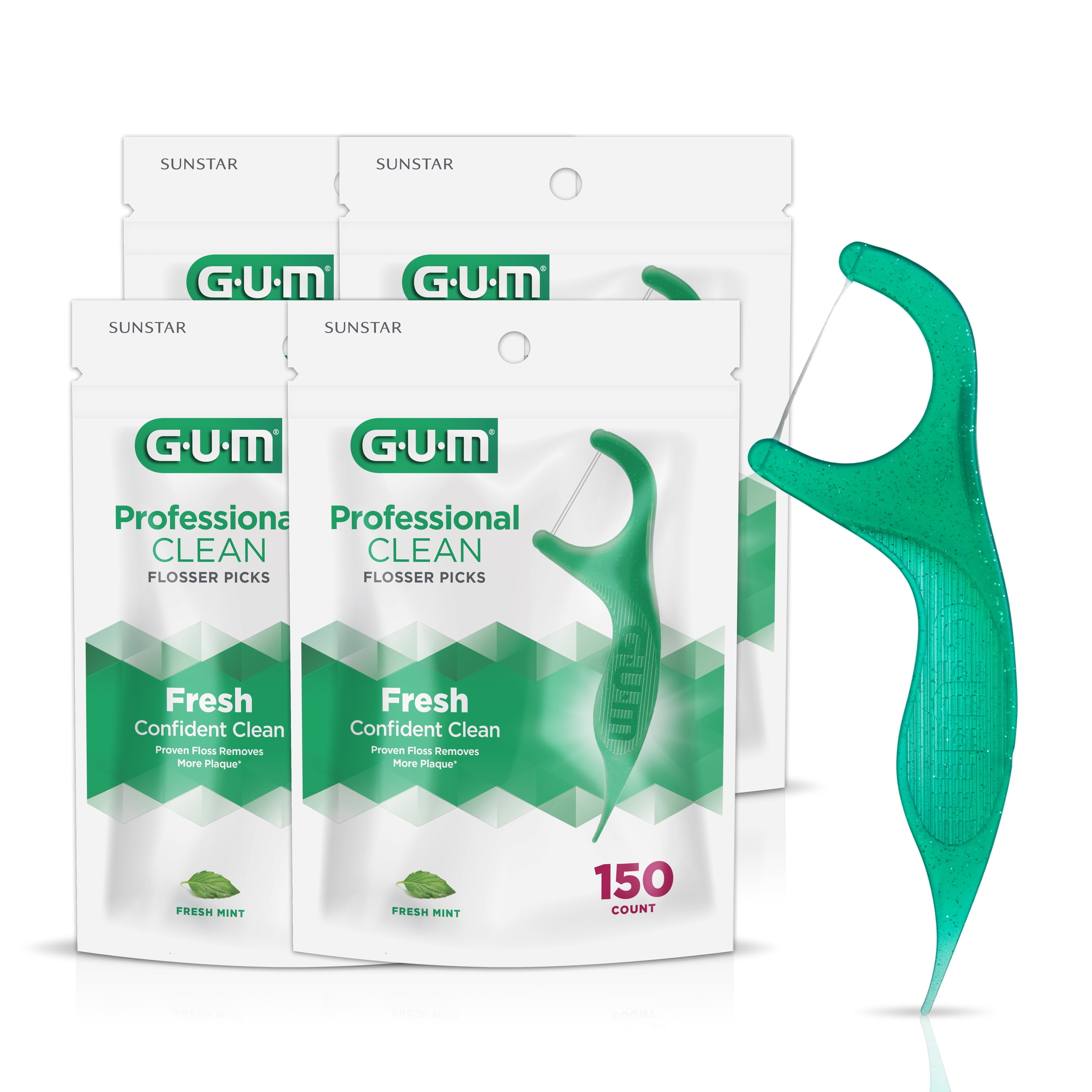 GUM Professional Clean Floss Picks - Extra Strong Shred-Resistant, Easy Grip Handle, 150ct (4Pk) GUM