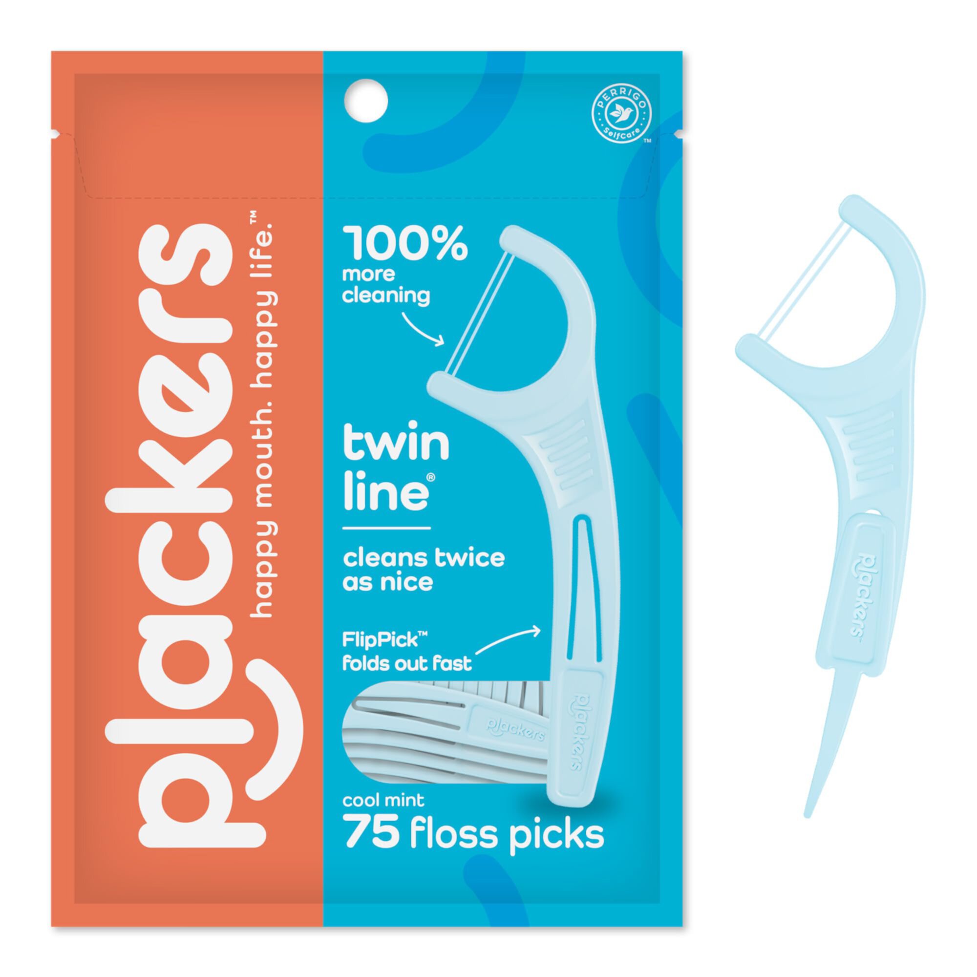 Plackers Twin-Line Dental Flossers, Cool Mint Flavor, Dual Action Flossing System, Easy Storage, Super Tuffloss, 2X The Clean, 75 Count Visit the Plackers Store