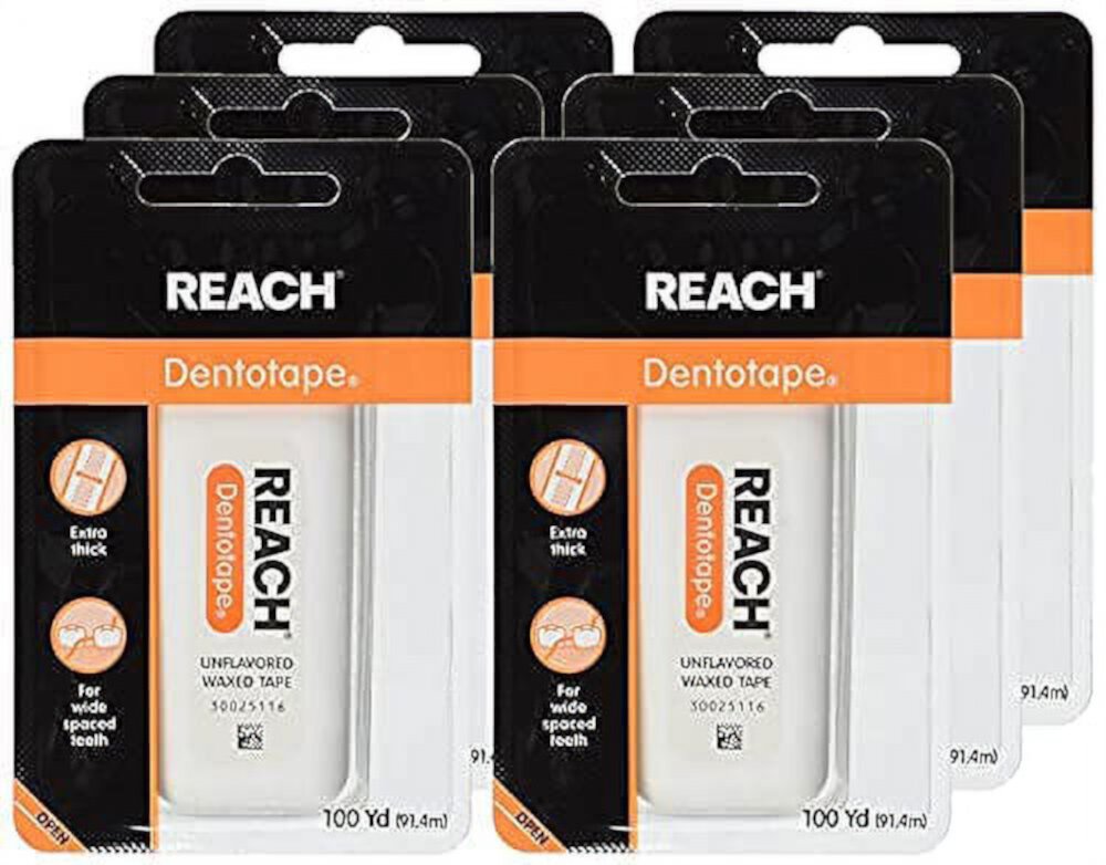 Reach Dentotape Waxed Dental Floss with Extra Wide Cleaning Surface for Large Spaces between Teeth, Unflavored, 100 Yards (Pack of 6) Reach