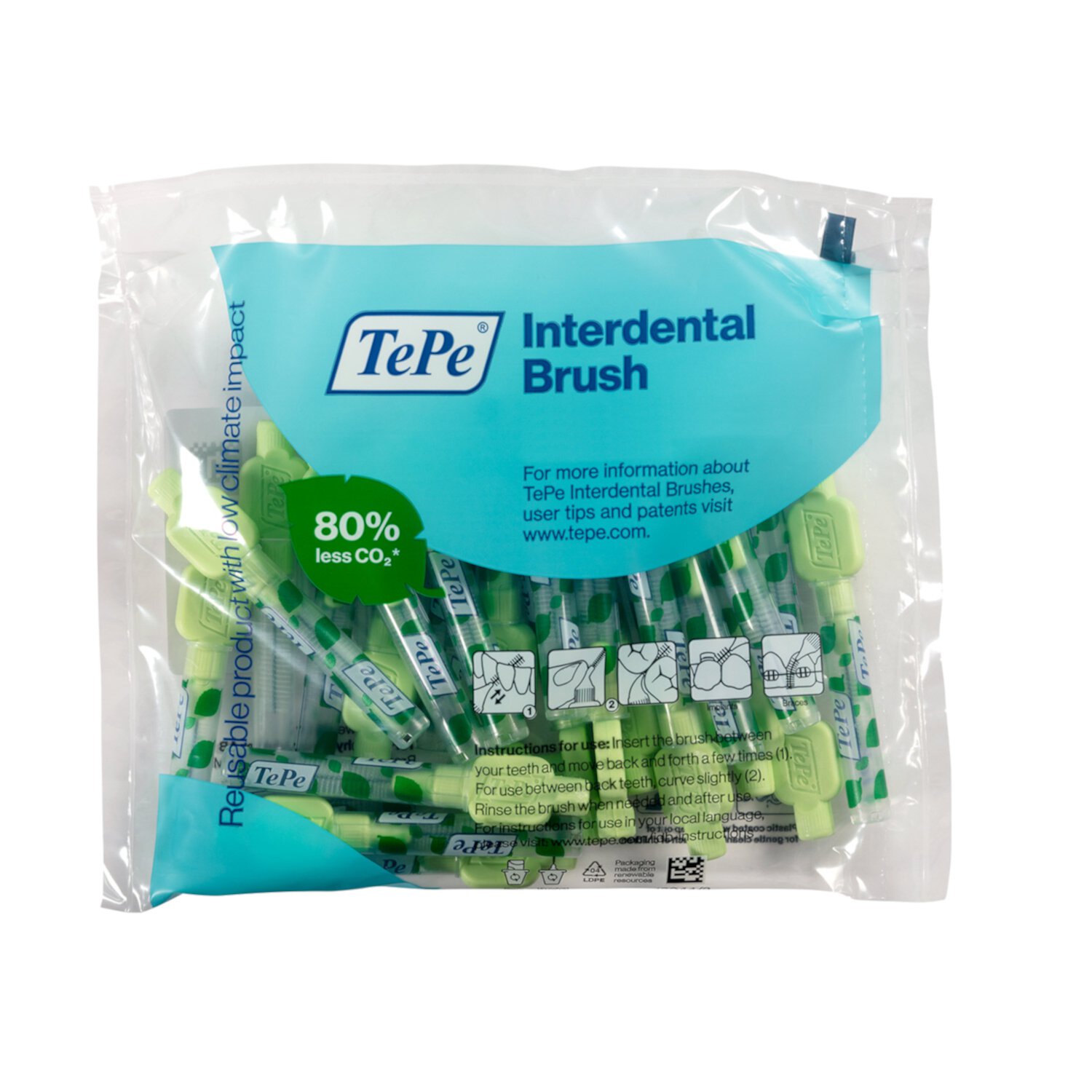 TePe Interdental Brush Extra Soft, Supersoft Dental Brush for Teeth Cleaning, Pack of 25, 0.8 mm, Large Gaps, Green, Size 5 TEPE