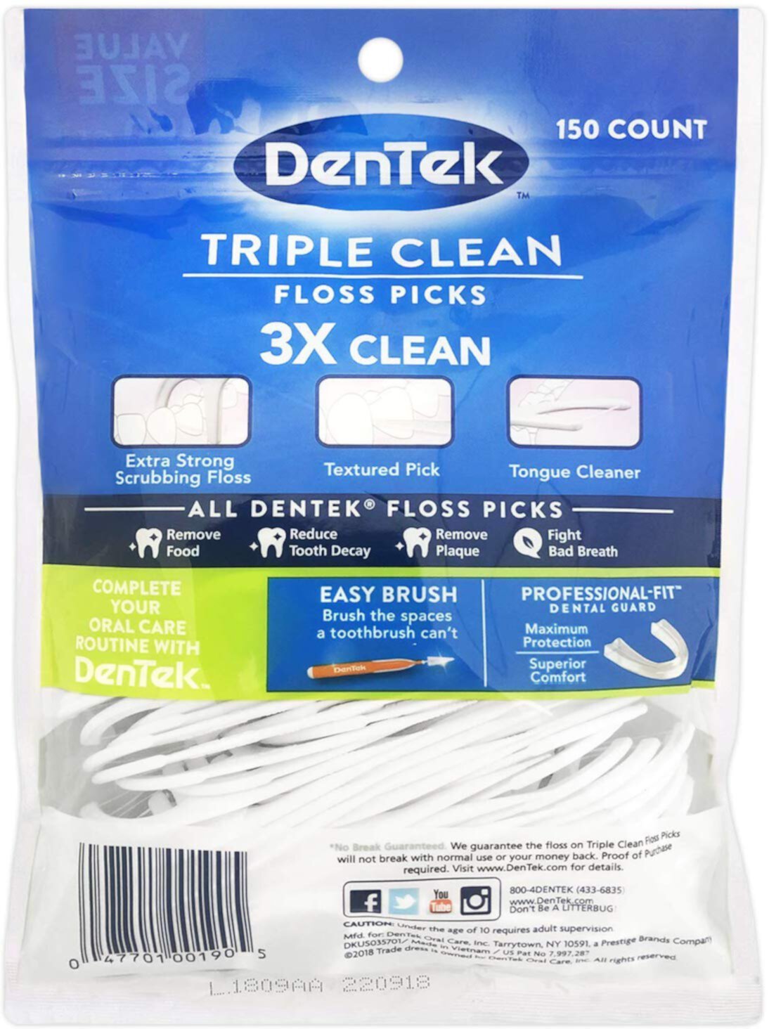 DenTek Triple Clean Advanced Clean Floss Picks, Fresh Mint, 150 Each Visit the DenTek Store