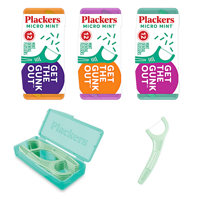 Plackers Micro Mint Mint Dental Floss Picks with Travel Case, 12 Count (3-Pack) Plackers