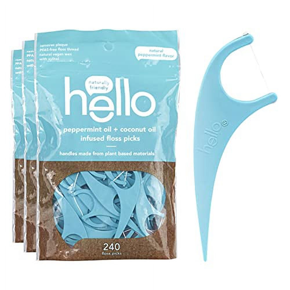 hello Peppermint Floss Picks, Natural Peppermint + Xylitol Infused, Pfas-Free Thread, Vegan & SLS Free, 80 Count (3 Packs of 80, Total of 240 Floss Picks), 3 Count Hello