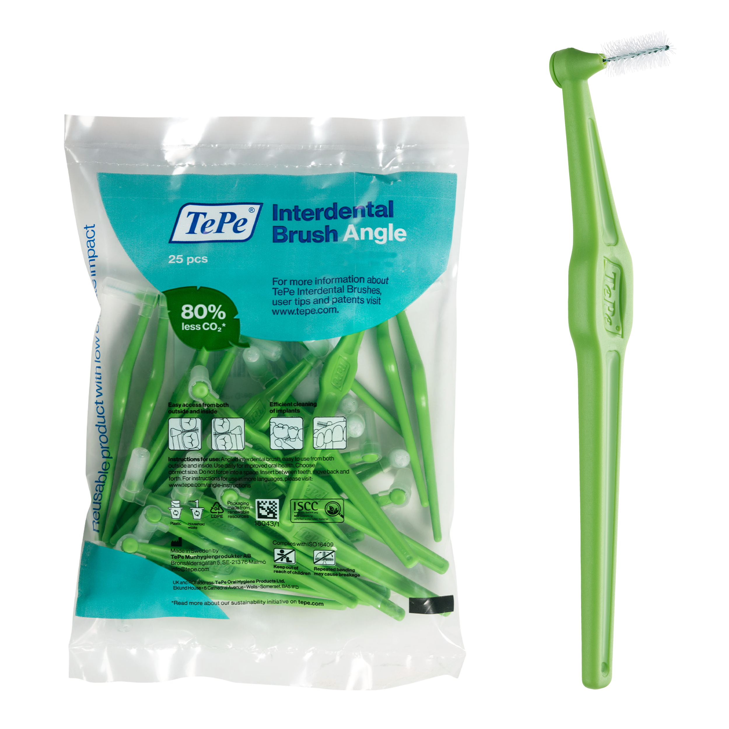 TePe Interdental Brush Angle, Angled Dental Brush for Teeth Cleaning, Pack of 25, 0.8 mm, Large Gaps, Green, Size 5 TEPE