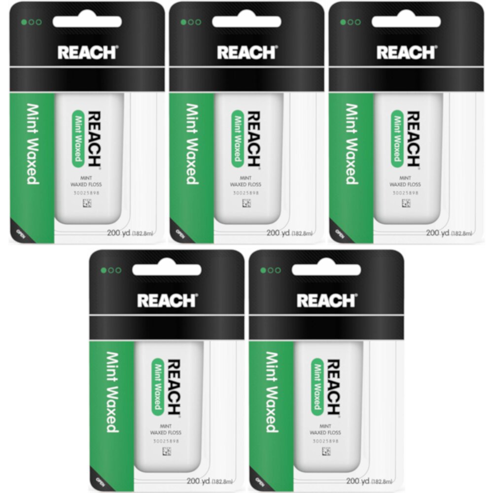 5 Pack Reach Mint Waxed Dental Floss - 200 yard Each Reach