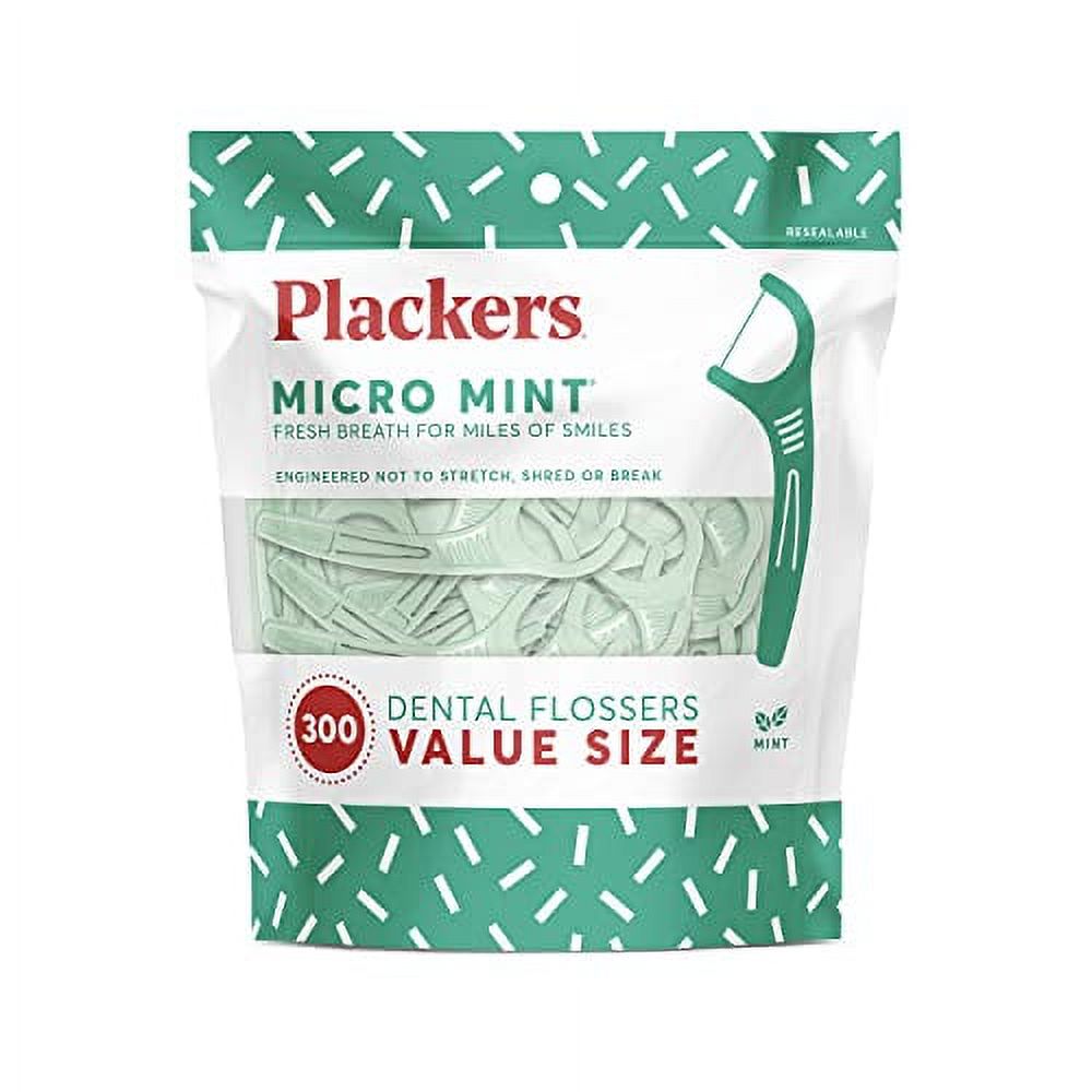 Plackers Micro Mint Dental Flossers, Fresh Mint Flavor, Fold-Out Toothpick, Super Tuffloss, Easy Storage with Sure-Zip Seal, 300 Count Visit the Plackers Store