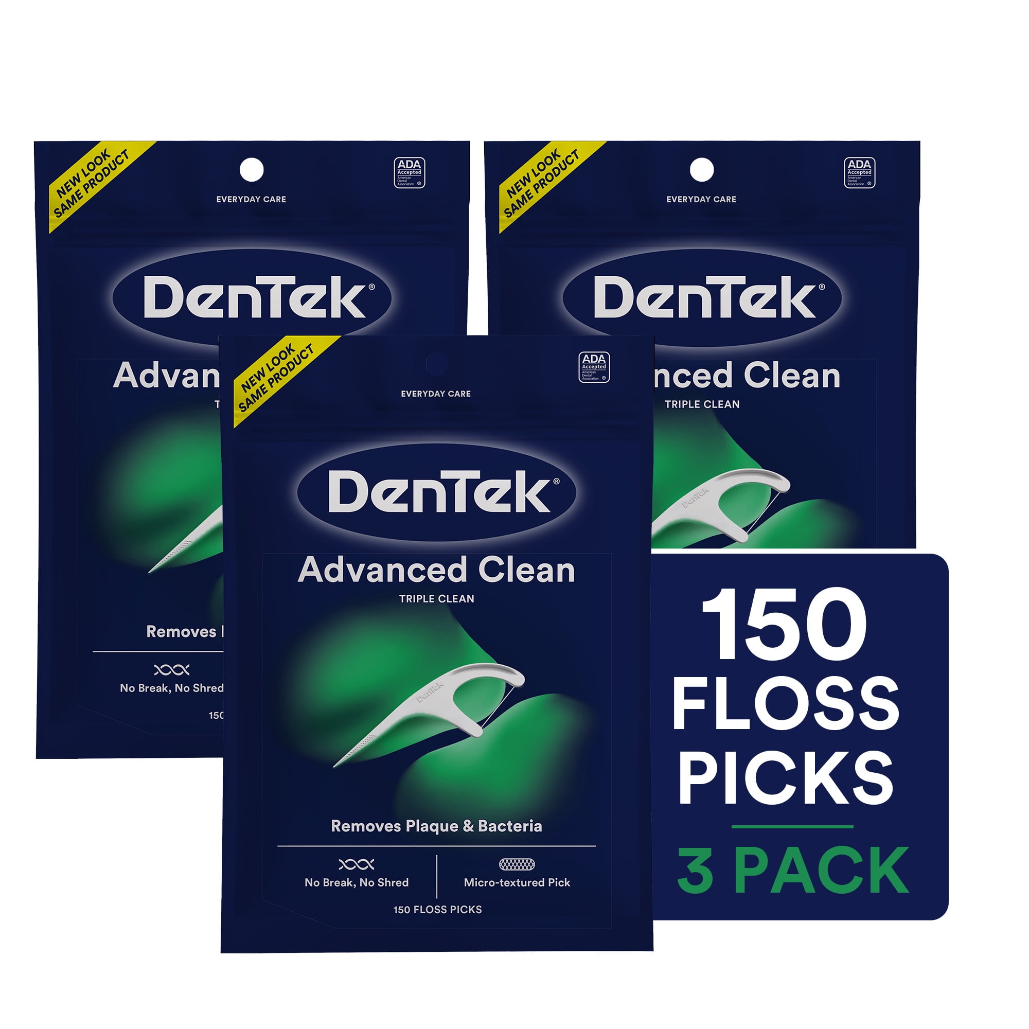 DenTek Flossers, Advanced Clean Dental Floss Picks, No Break & No Shred Floss, 150 Count, 3 Pack DenTek