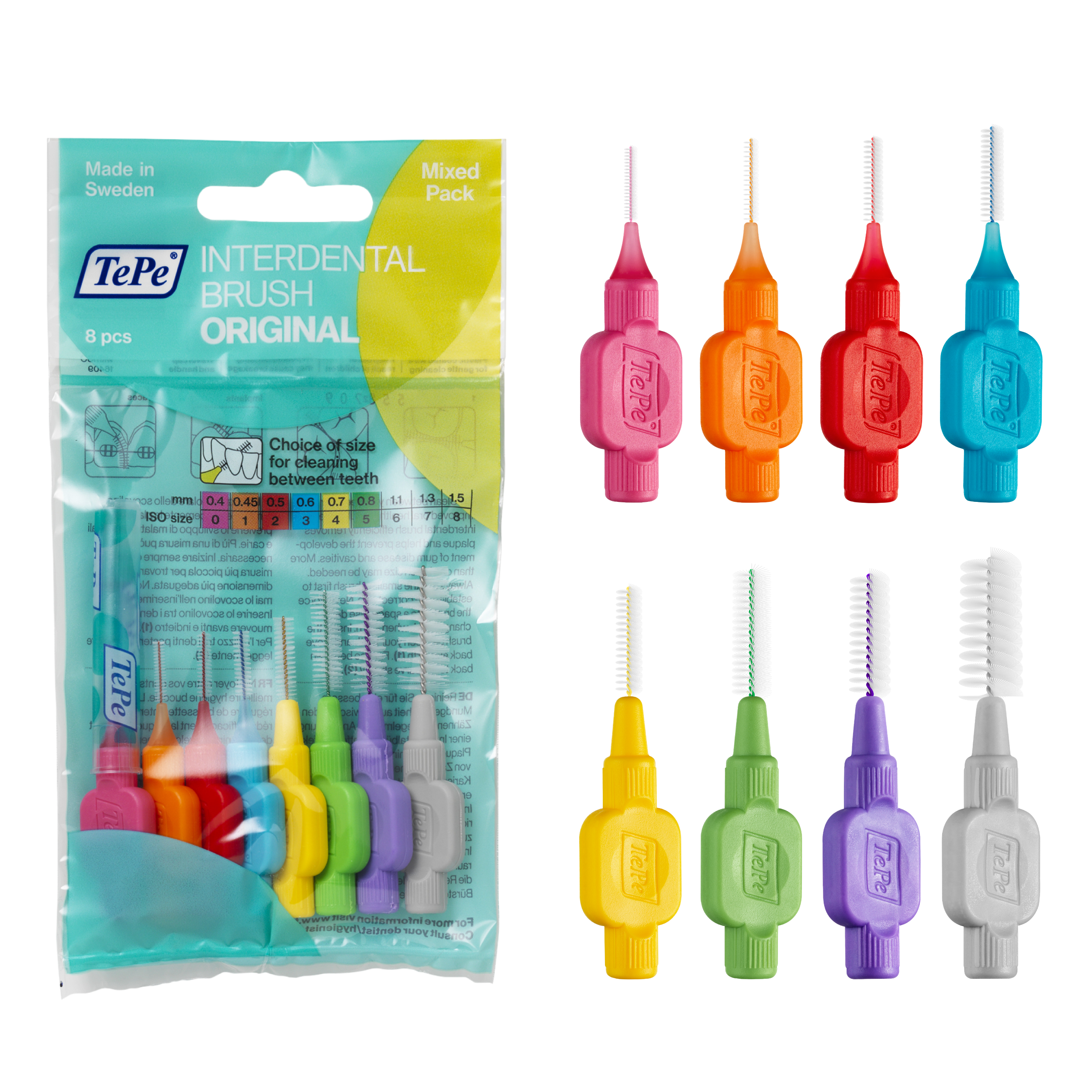 TEPE Interdental Brush Original Cleaners Mixed Pack - 8 Pack, 0.4mm to 1.3 mm TEPE