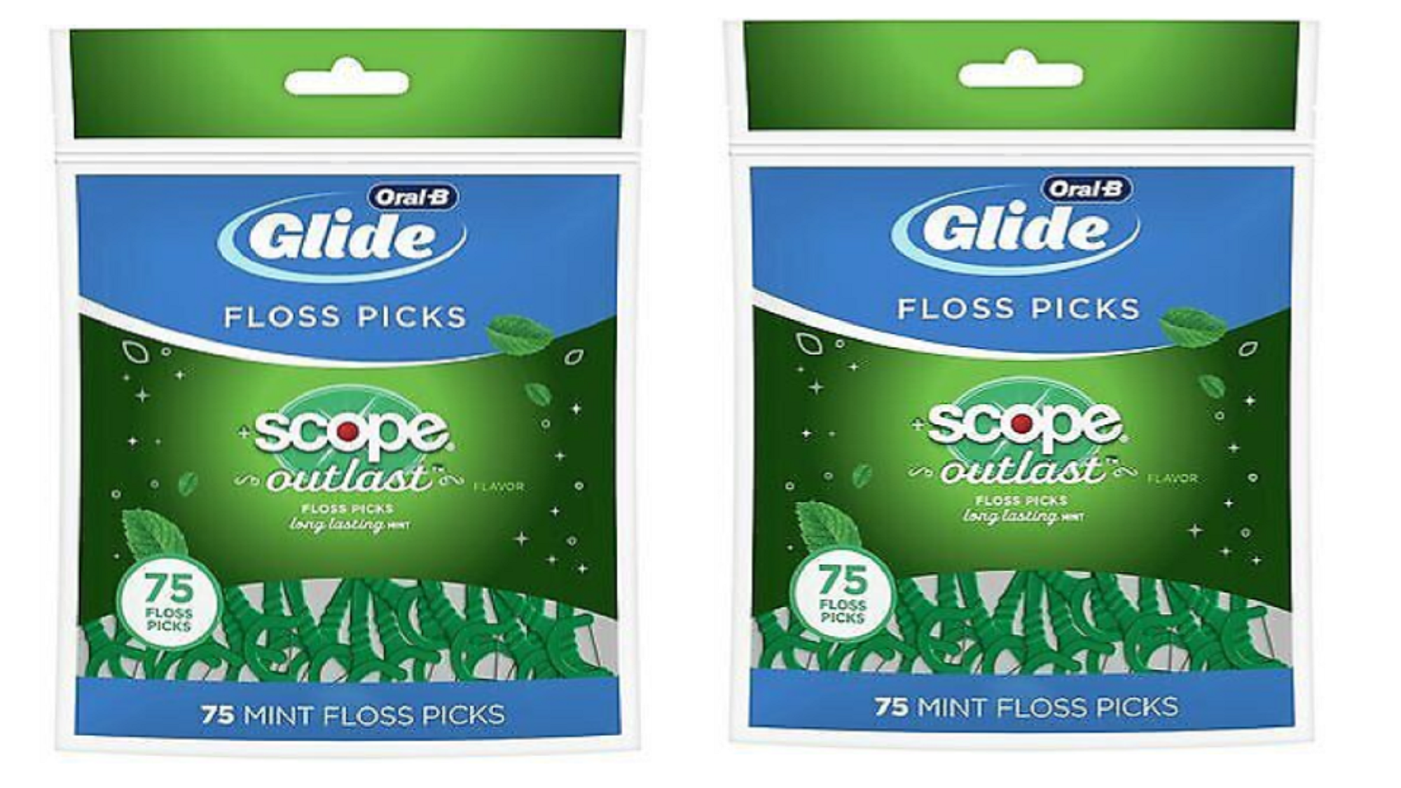 Glide Dental Floss Picks Plus Scope Outlast, Long Lasting Mint, 75 Dental Floss Picks for Each Bag Pack of 2 = 150 Dental Floss Picks GLIDE