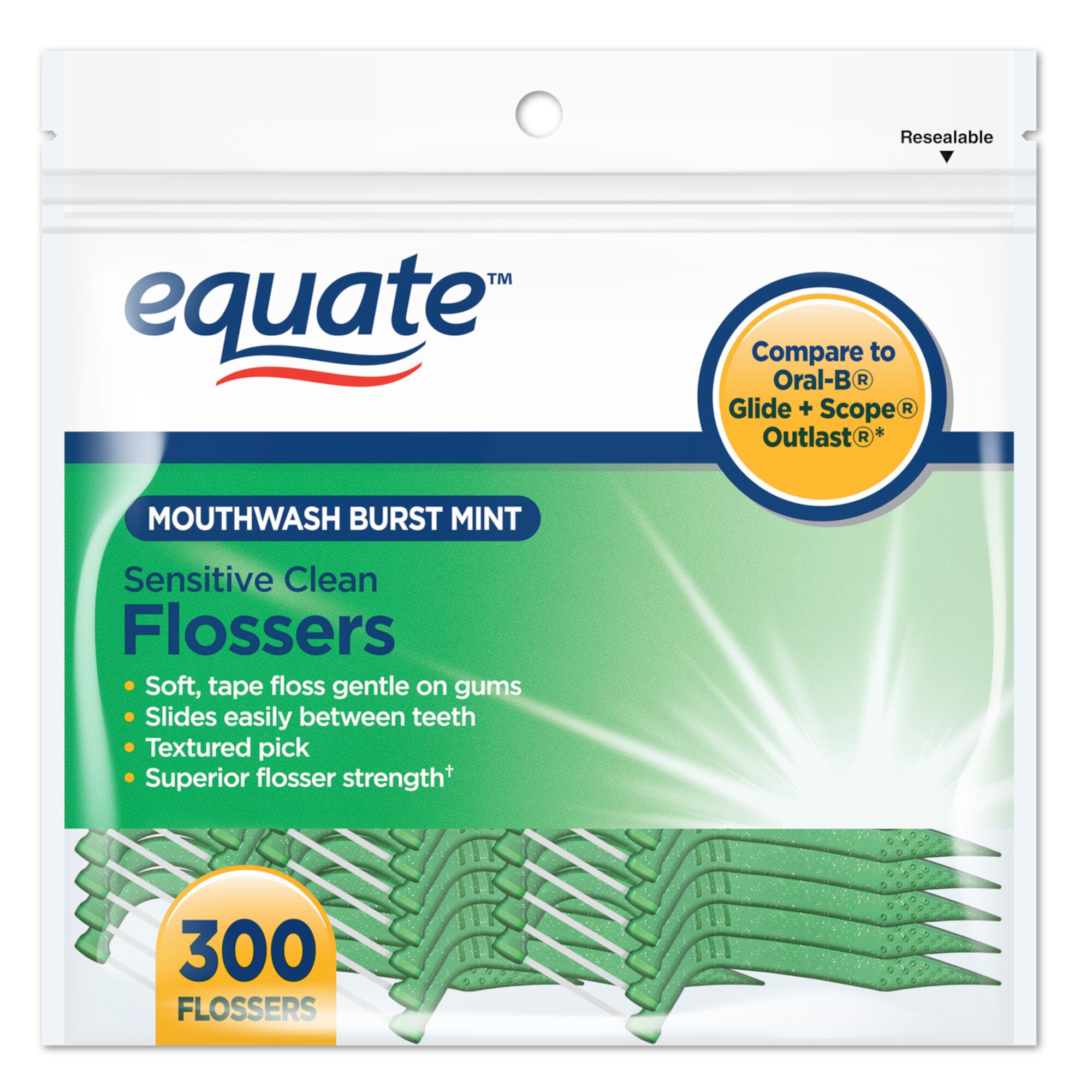 Equate Mint Dental Flossers, Mouthwash Burst Mint, Soft, Tape Floss, Sensitive Clean, 300 Count Equate