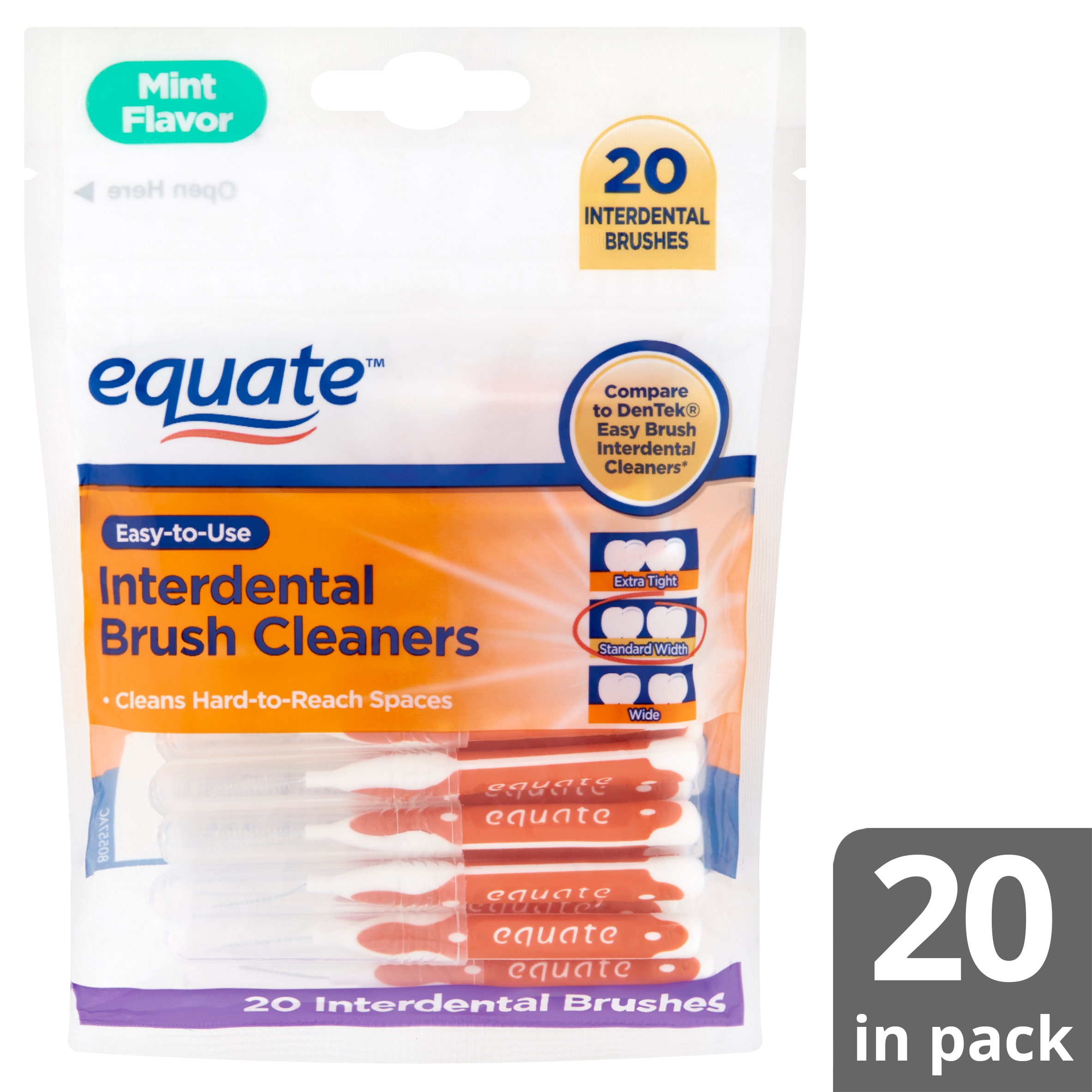 Equate Mint Interdental Brushes Value Pack, Flexible Head, Straight Bristles, Moderate Teeth Spacing, 20 Count Equate