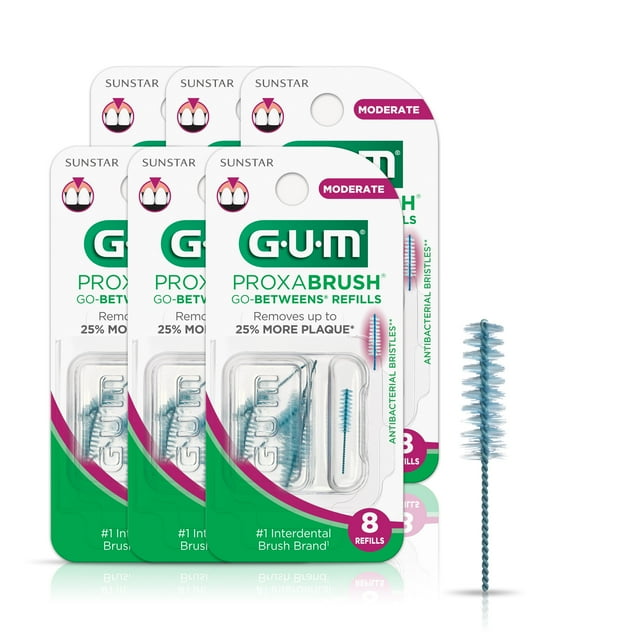 GUM Proxabrush Go-Betweens Refills - Moderate - Compatible with GUM Permanent Handle, 8ct(6Pk) GUM