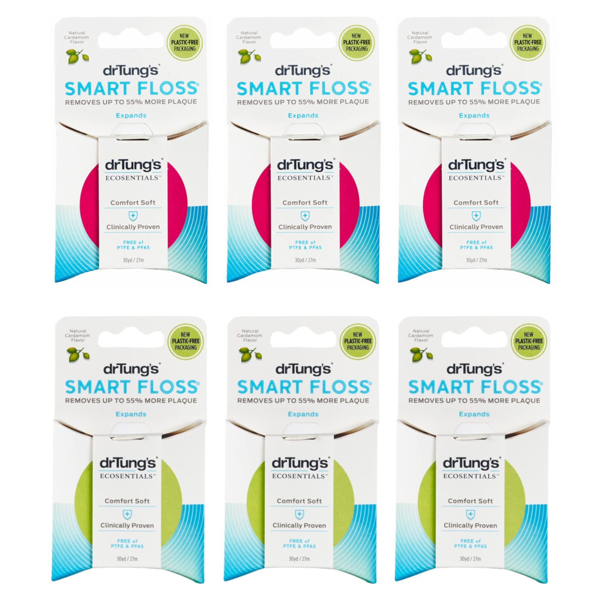 DrTung's Smart Floss - Natural Floss, PTFE & PFAS Free Floss, Gentle on Gums, Expands & Stretches, BPA Free Floss - Natural Dental Floss Cardamom Flavor (Pack of 6) Dr. Tung's