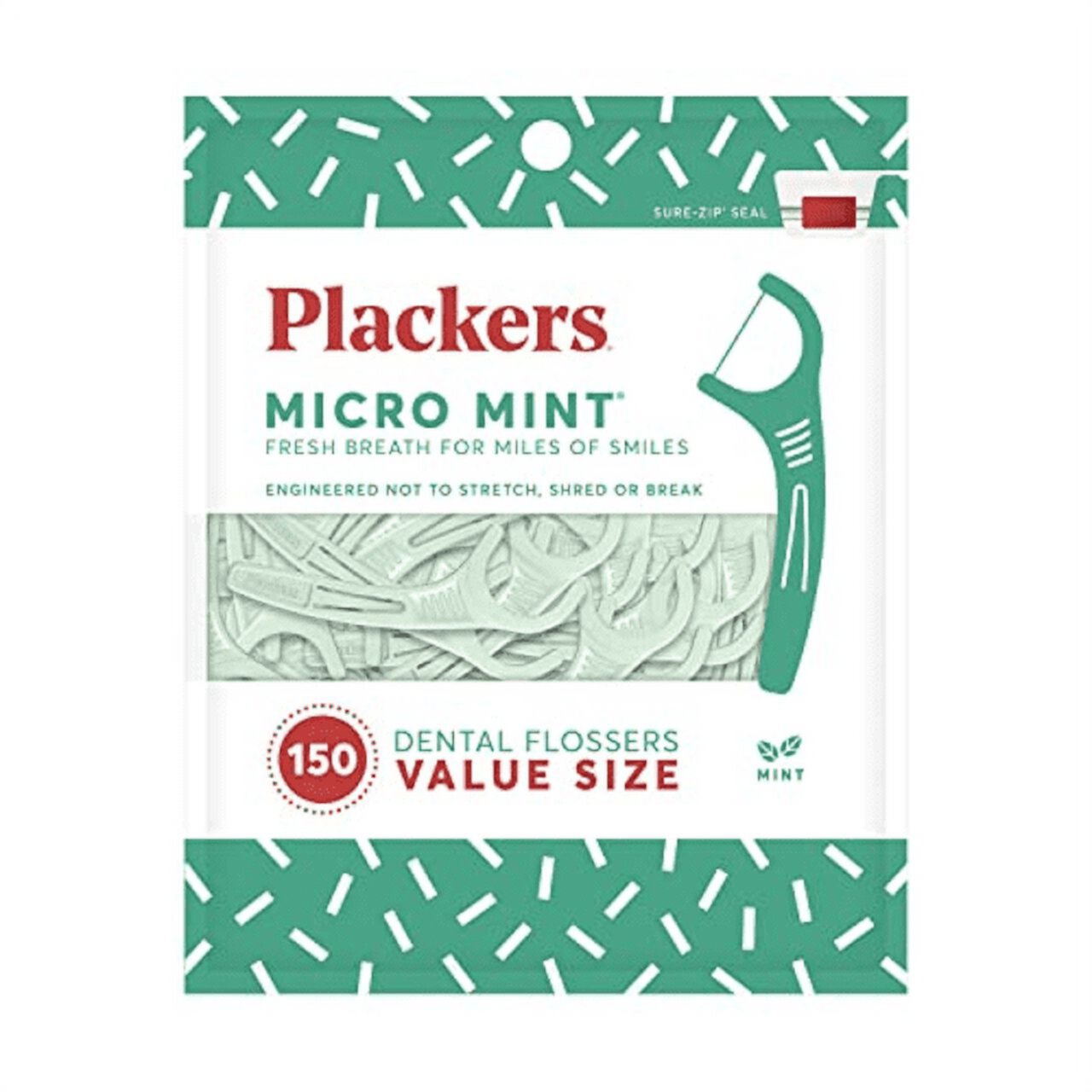 Plackers Micro Mint Dental Flossers, Fresh Mint Flavor, Fold-Out Toothpick, Super Tuffloss, Easy Storage with Sure-Zip Seal, 150 Count Visit the Plackers Store