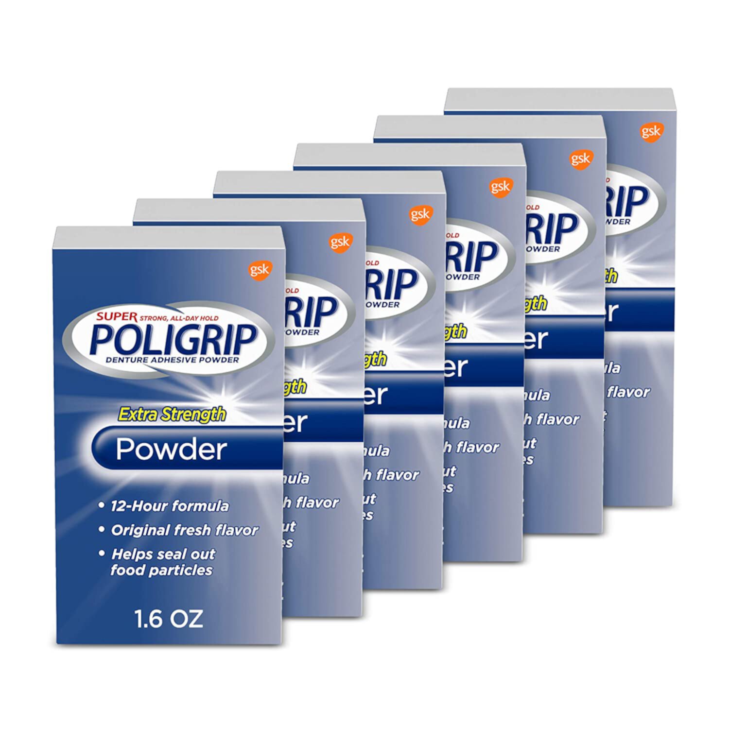 Super Poligrip Extra Strength Denture Adhesive Powder, Denture Powder for Dentures - 1.6 Ounces (Pack of 6) Super Poligrip