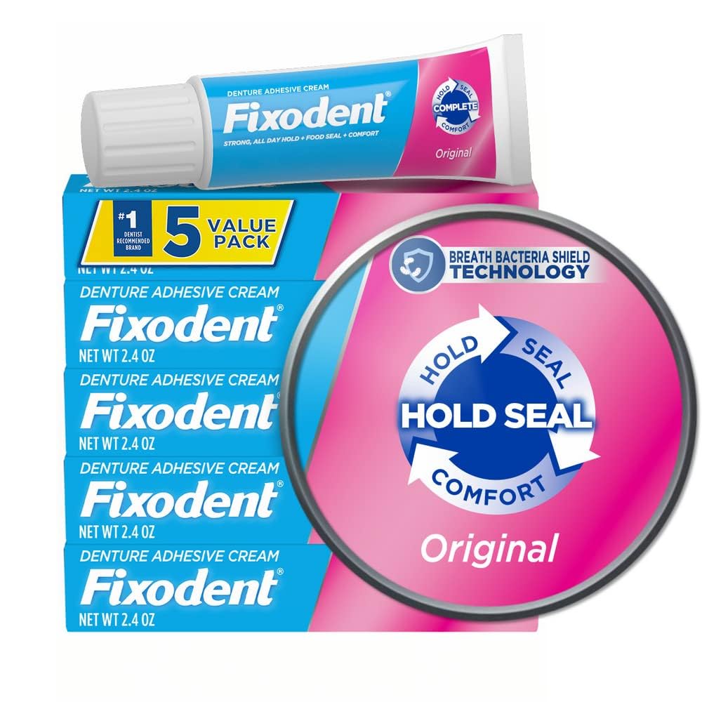 Fixodent Original Secure Denture Adhesive Cream for Full and Partial Denture Wearers, 2.4oz (Pack of 5) C7 Fixodent