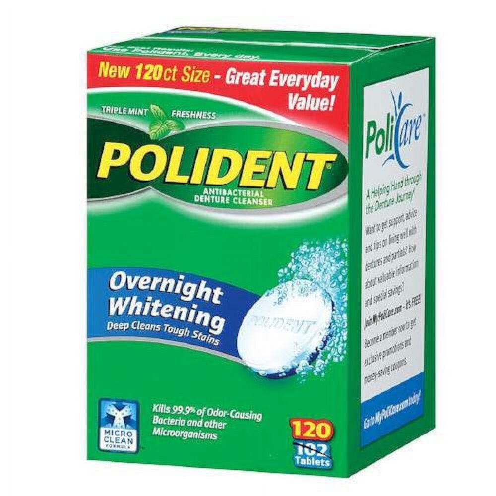 2 Pack Polident Overnight Whitening Antibacterial Denture Cleanser, 120 count Ea Polident