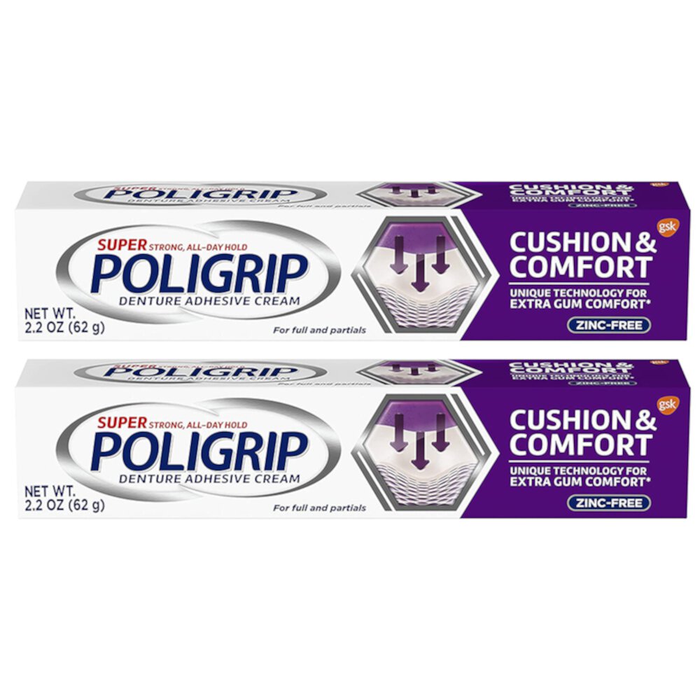 Pack of (2) Poligrip Cushion And Comfort, Denture and Partials Adhesive Cream, 2.2 oz (Exp:-01/22/2024) Super Poligrip