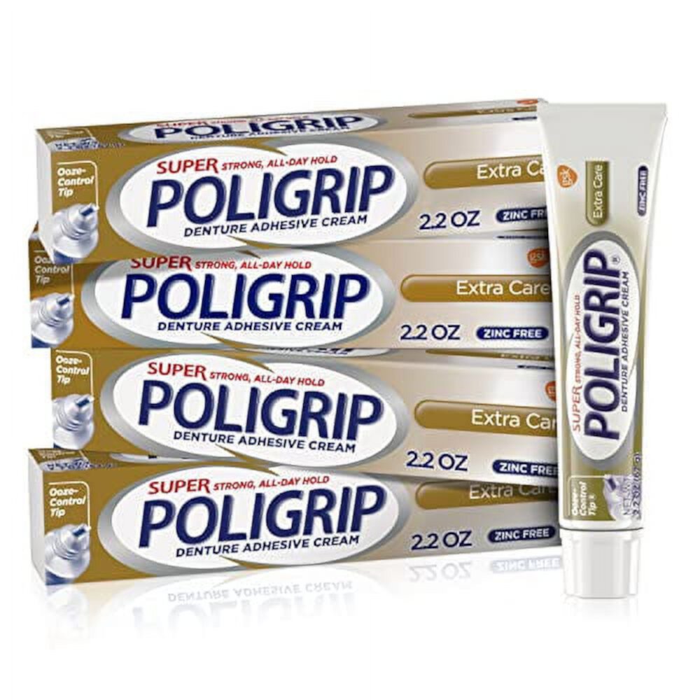 Super Poligrip Extra Care Denture Adhesive Cream, Zinc Free Denture Cream - 2.2 Ounces (Pack of 4) Super Poligrip