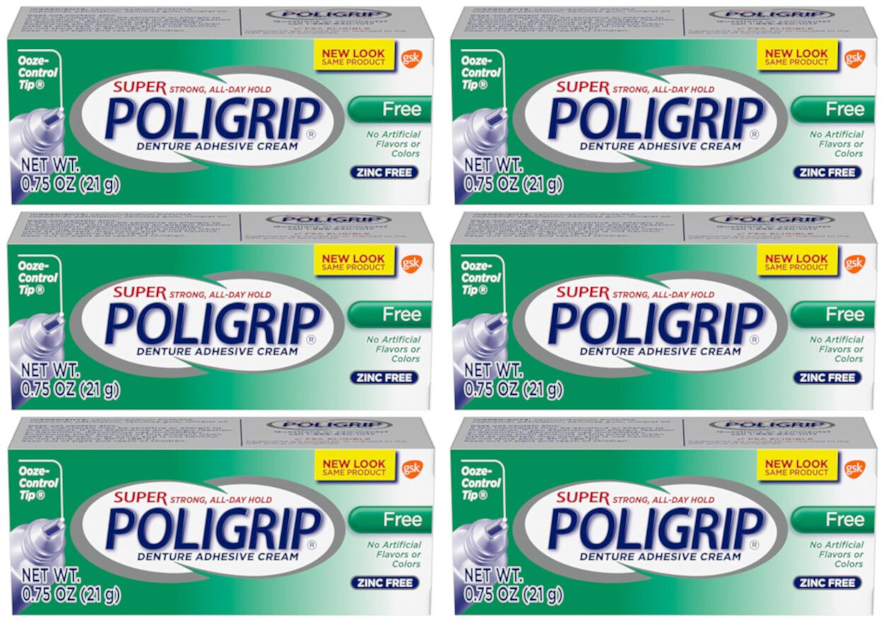 SUPER POLIGRIP Denture Adhesive Cream Artificial Flavor/Color Free 0.75 oz (Pack of 6) Super Poligrip