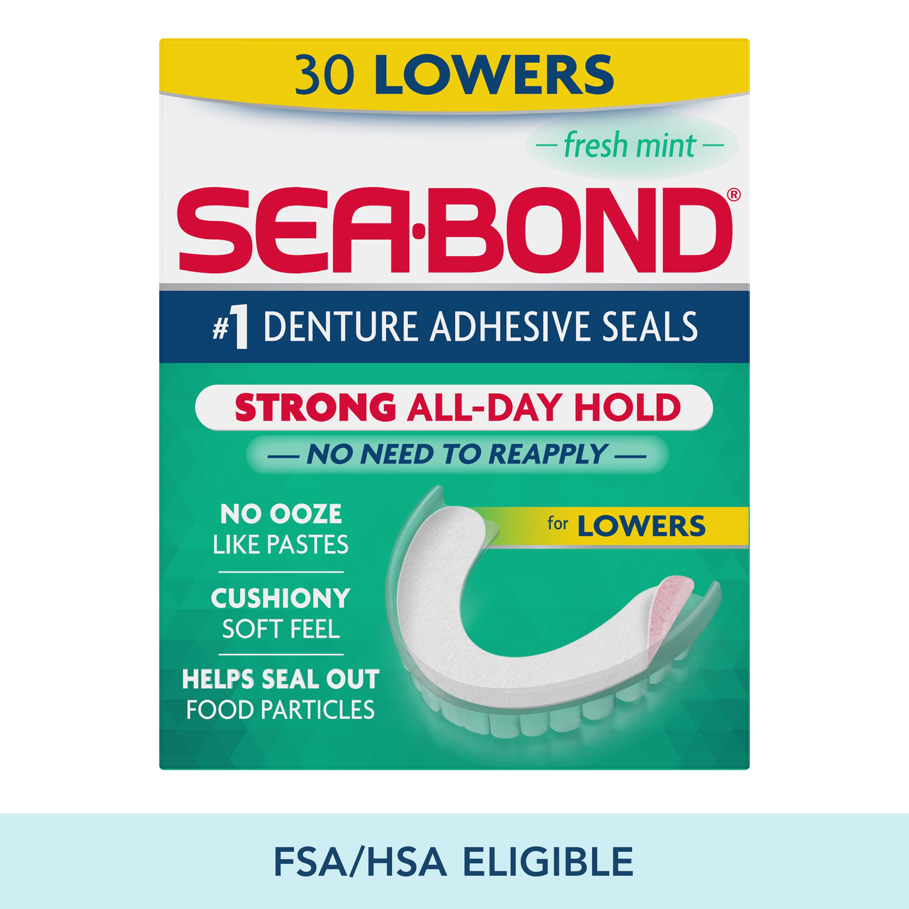 Sea Bond Secure Denture Adhesive Seals, For an All Day Strong Hold, 30 Mint Flavor Seals for Lower Dentures (4 Pack) Sea-Bond