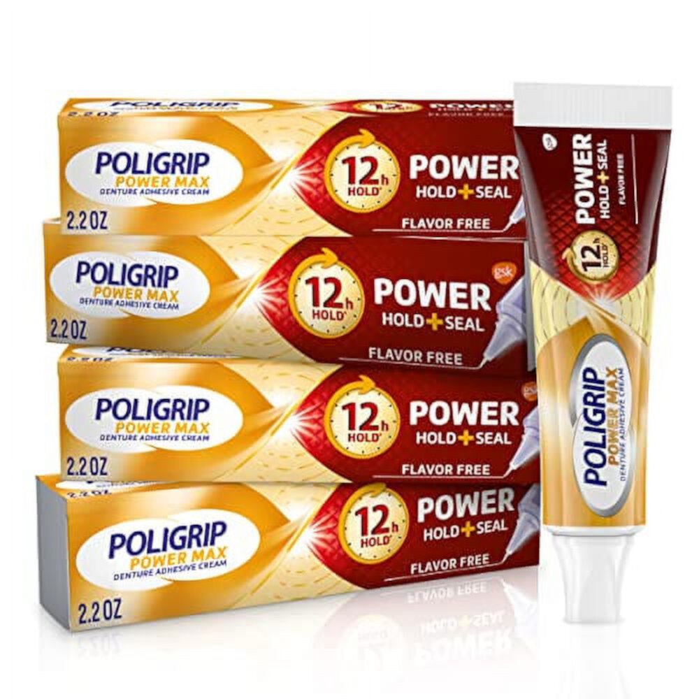 Poligrip Power Max Power Hold plus Seal Denture Adhesive Cream, Denture Cream for Secure Hold and Food Seal, Flavor Free - 2.2 oz (Pack of 4) Polident