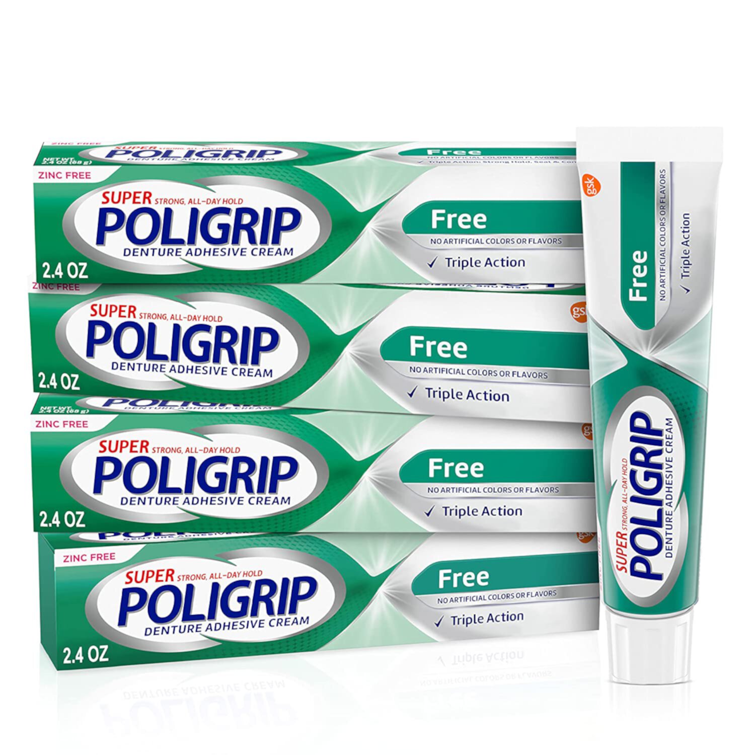 Super Poligrip Zinc Free Denture and Partials Adhesive Cream, 2.4 ounce (Pack of 4) Super Poligrip