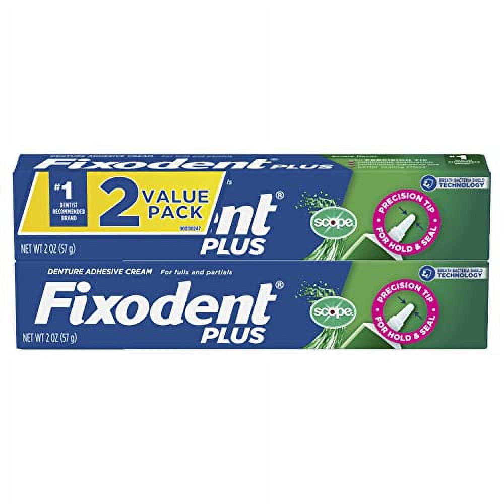 Fixodent Denture Adhesive Cream Plus Scope, 2 Ounce, Pack of 2 (Packaging May Vary) Fixodent