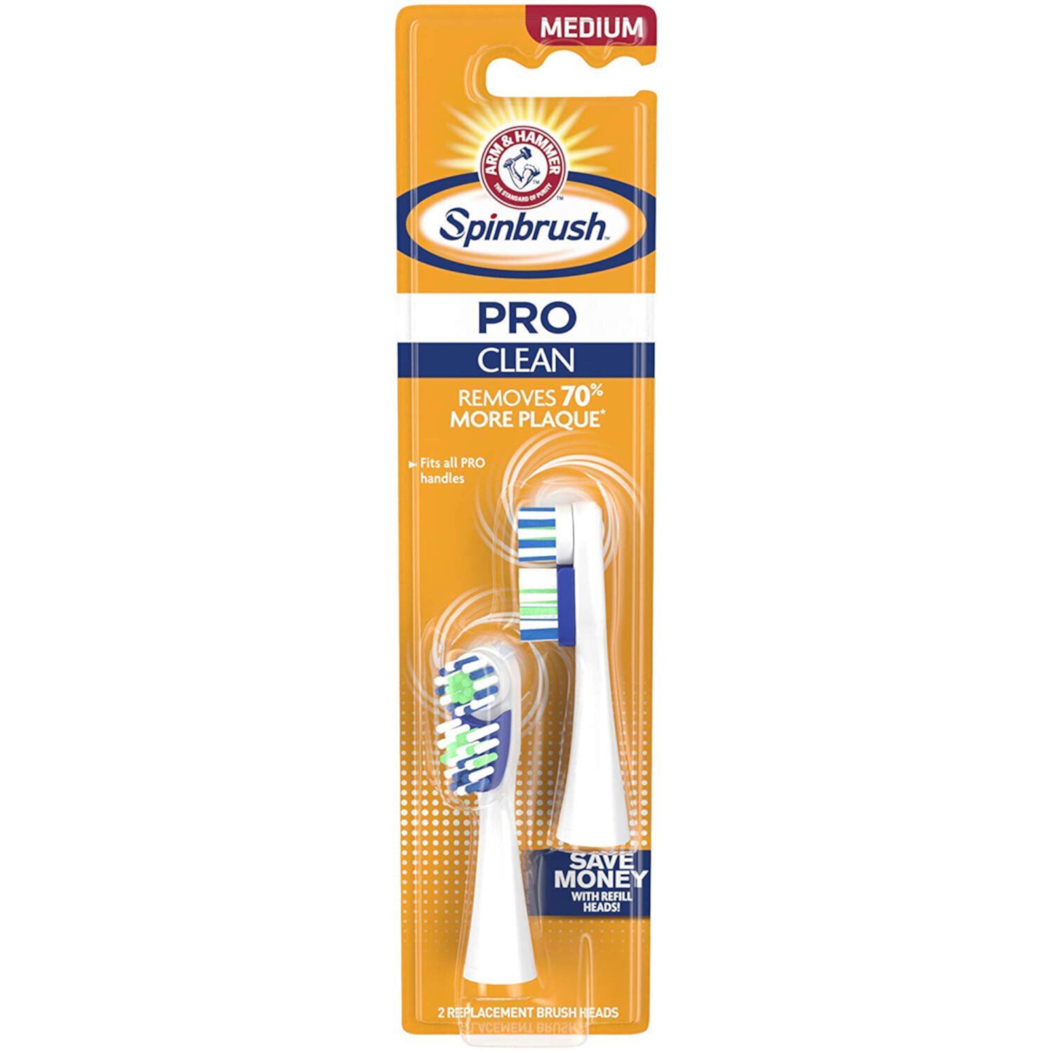 ARM & HAMMER Spinbrush Pro-Clean Replacement Brush Heads, Medium 2 ea (Pack of 3), Color-Wear Bristles remind you to change your brush head every three months By Visit the Arm Hammer Store Arm & Hammer