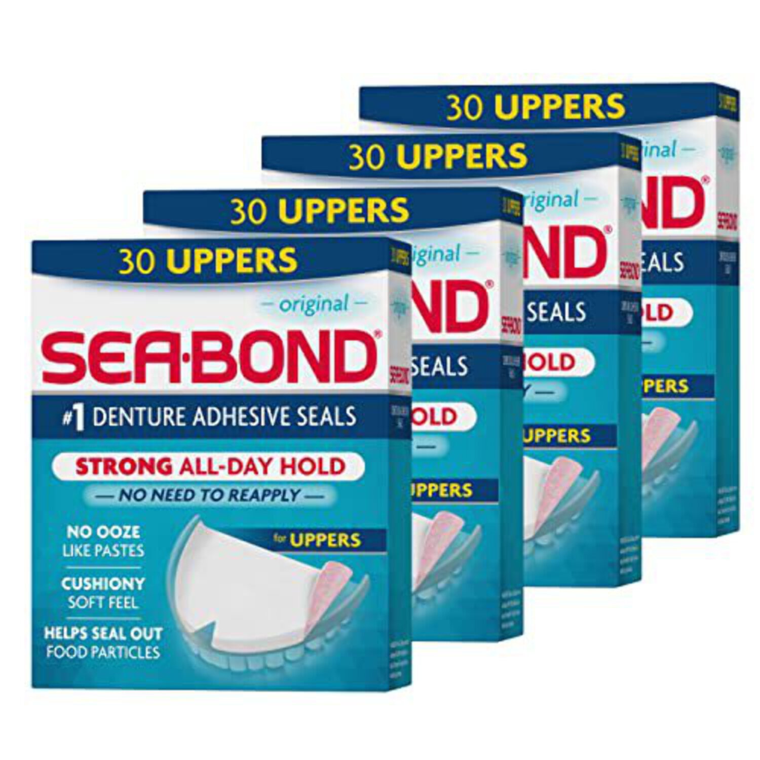 Sea Bond Upper Secure Denture Adhesive Seals, For an All Day Strong Hold, Original Flavor Seals, 30 Count, 4 Pack Sea-Bond