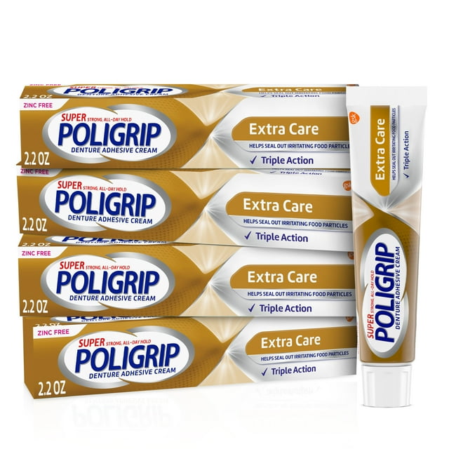 Super Poligrip Extra Care Denture Adhesive Cream - 2.2 Oz (Pack of 4), for Adults Super Poligrip