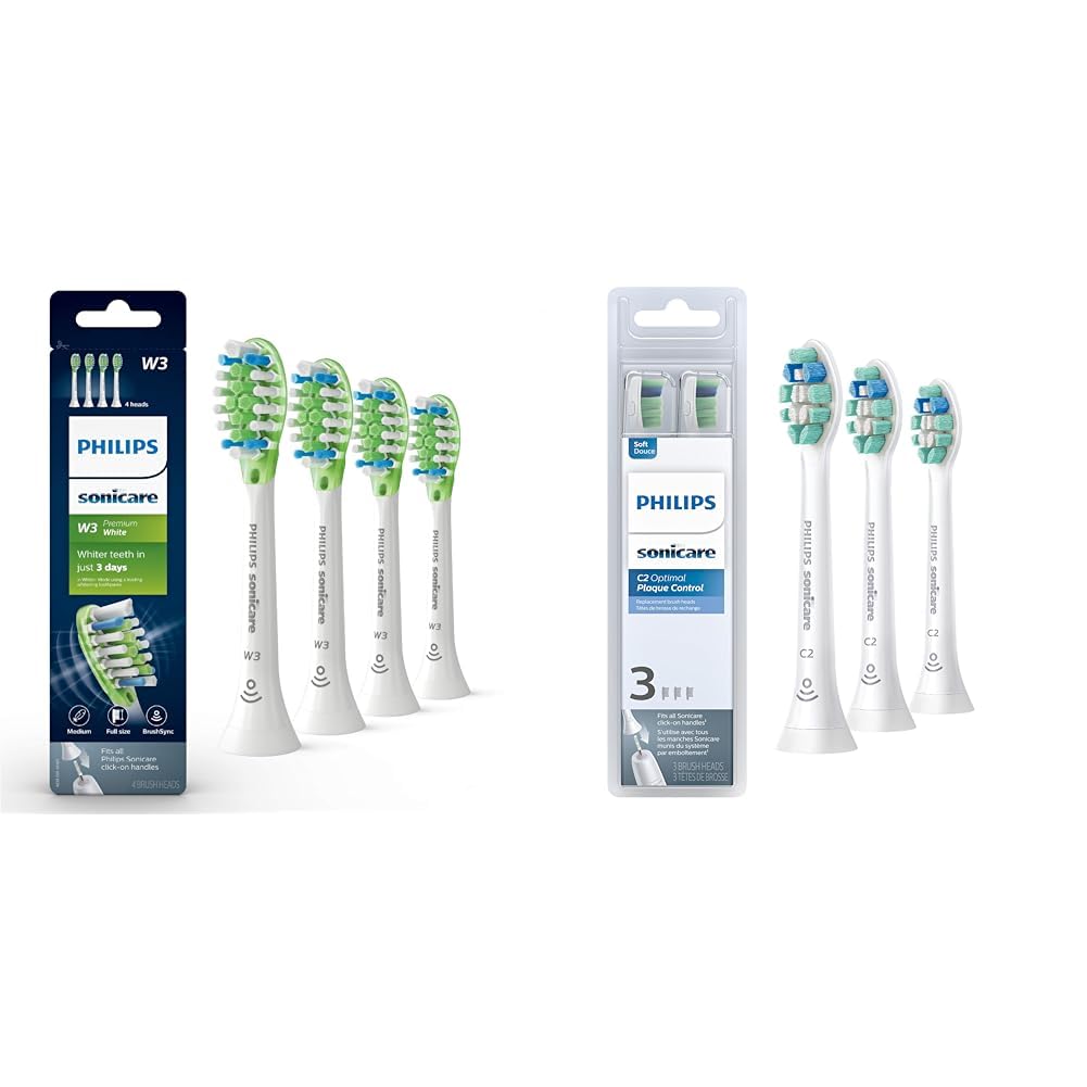 W3 Premium White Replacement Toothbrush Heads, 4 Brush Heads, White, HX9064 & Genuine C2 Optimal Plaque Control Toothbrush Heads, 3 Brush Heads, White, HX9023/65 Compatibility