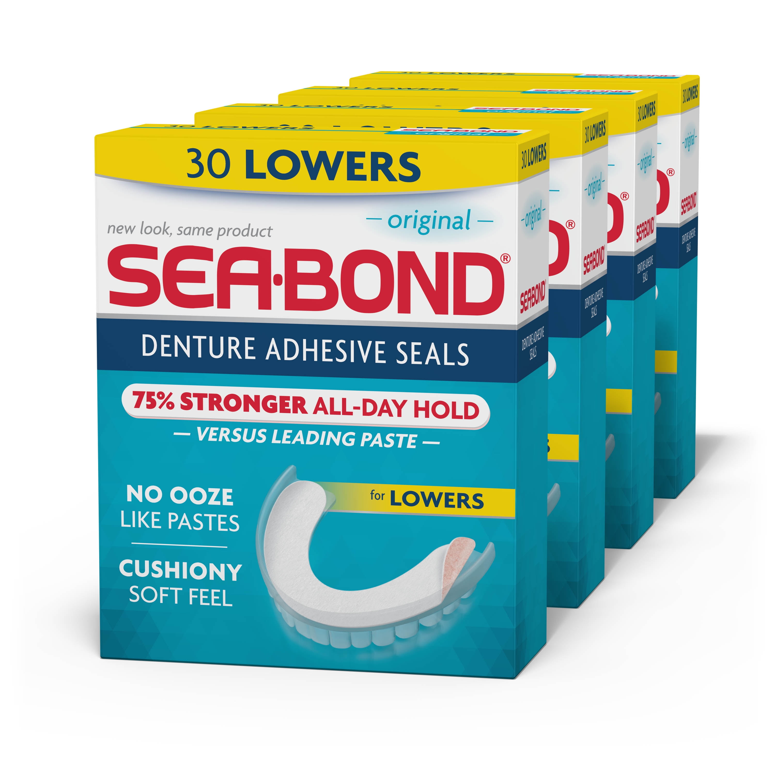 Sea Bond Lower Secure Denture Adhesive Seals, For an All Day Strong Hold, Original Flavor Seals, 30 Count, 4 Pack Sea-Bond