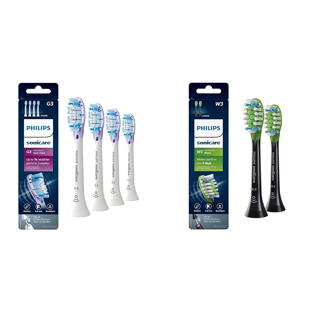 G3 Premium Gum Care Replacement Toothbrush Heads, 4 Brush Heads, White, HX9054/65 & Genuine W3 Premium White Replacement Toothbrush Heads, 2 Brush Heads, Black, HX9062/95 Compatibility