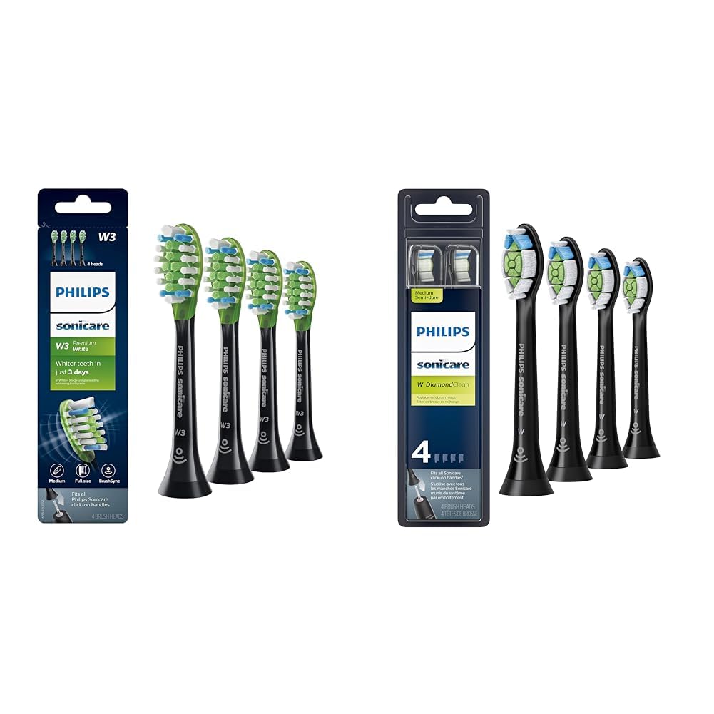 W3 Premium White Replacement Toothbrush Heads, 4 Brush Heads, Black, HX9064/95 & Genuine W DiamondClean Toothbrush Heads, 4 Brush Heads, Black, HX6064/95 Compatibility