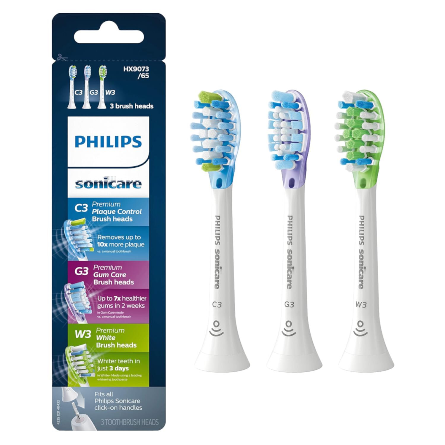 Genuine Replacement Toothbrush Heads Variety Pack, C3 Premium Plaque Control, G3 Premium Gum Care & W3 Premium White, 3 Brush Heads, White, HX9073/65 Compatibility