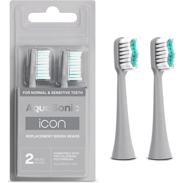 AquaSonic Icon Replacement Brush Heads - ADA Approved, Micro-Vibrations Technology, Multi-Length Bristles, Easy Replacement - For Normal & Sensitive Teeth | 2 Brush Heads (Silver) AQUASONIC