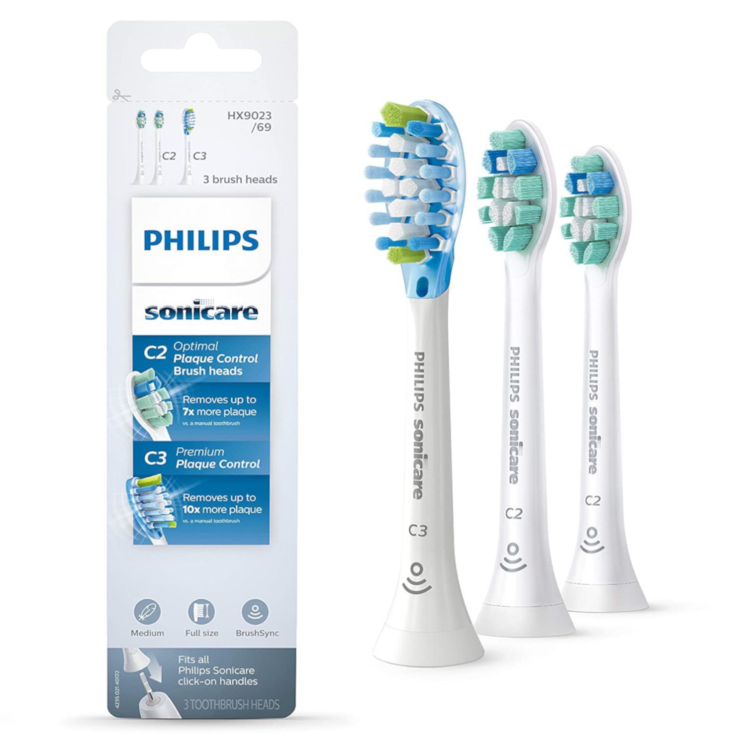 Philips Sonicare Replacement Toothbrush Head Variety Pack, 2 Optimal Plaque Control + 1 Premium Plaque Control, HX9023/69, Brushsync™ Technology, White 3-pk Sonicare