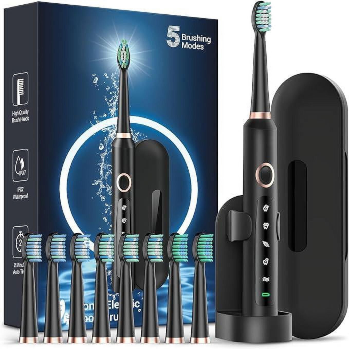 RTAUYS Sonic Electric Toothbrush for Adults - Rechargeable Electric Toothbrushes with 8 Brush Heads & Holder, Travel Case, Power Electric Toothbrush with Holder，3 Hours Charge for 120 Days Rtauys