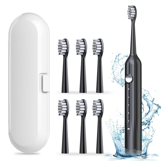 JTF Sonic Electric Toothbrush for Adults with Travel Case, 5 Modes and 6 Brush Heads, One 4 Hours Fast Charge for 90 Days Use, Black JTF