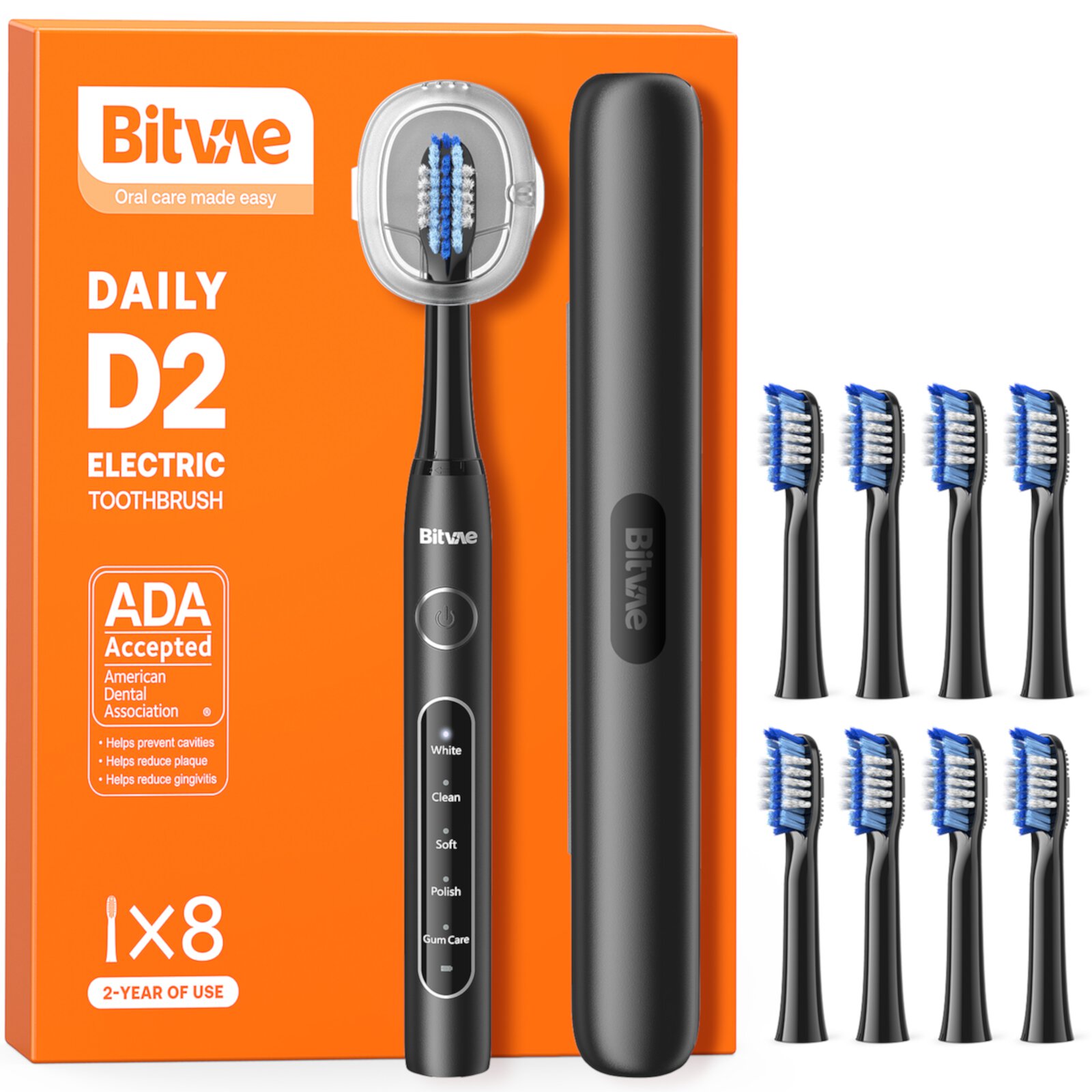 Bitvae Electric Toothbrush for Adults with 8 Brush Heads, Travel Case & 2-in-1 Toothbrush Holder and Cover, ADA Accepted Power Rechargeable Toothbrush with 5 Modes, Smart Timer, Black D2 Bitvae