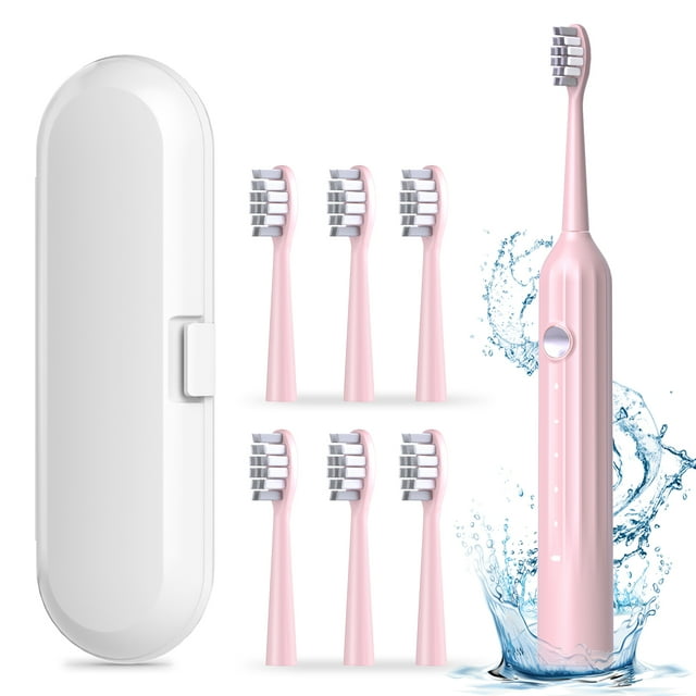 JTF Sonic Electric Toothbrush for Adults with Travel Case, 5 Modes and 6 Brush Heads, One 4 Hours Fast Charge for 90 Days Use, Pink JTF