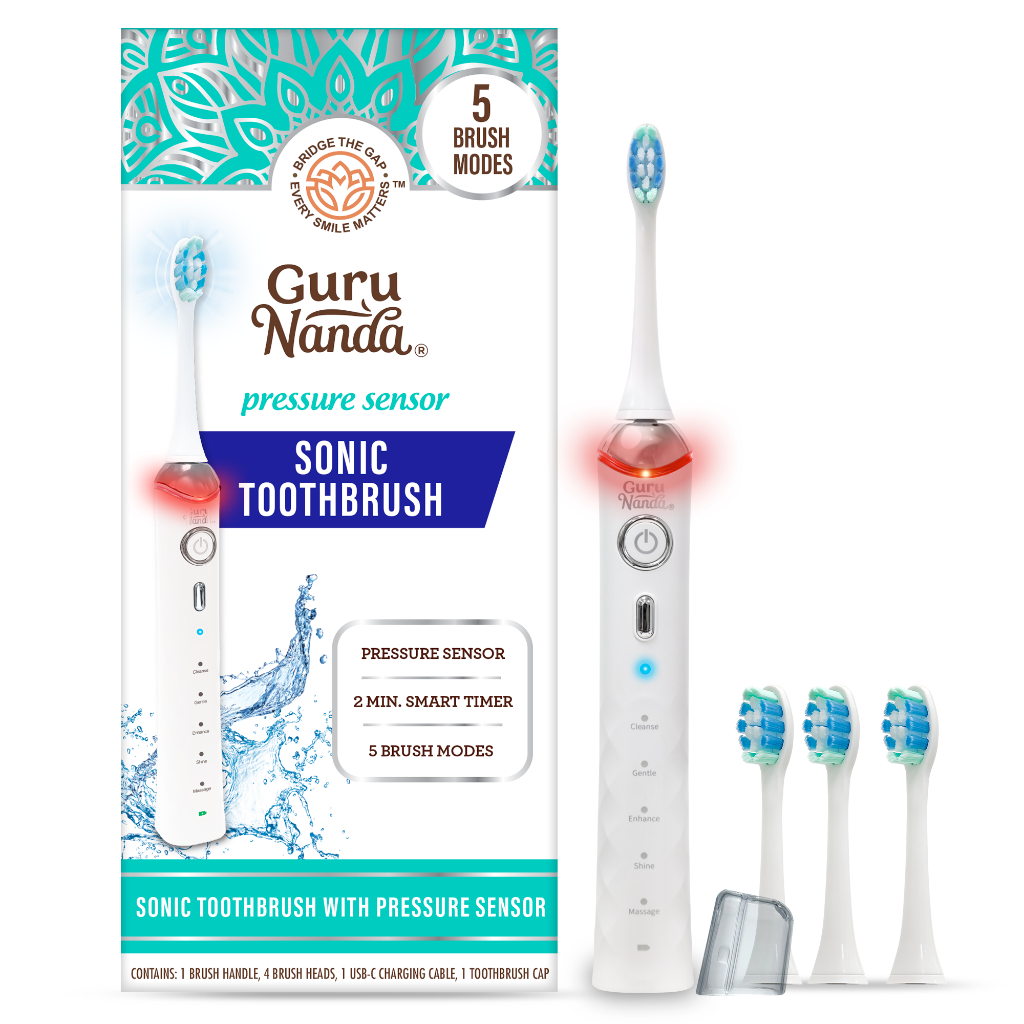 GuruNanda Pressure Sensor Sonic Electric Toothbrush - Rechargeable with 5 Modes, Memory Function, 2-Min Smart Timer & 4 Replacement Heads, White GuruNanda