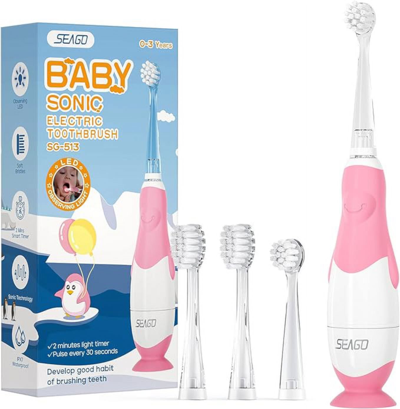 SEAGO Baby Electric Toothbrush for Toddlers from 0 to 3 Years Old, Sonic Toothbrush with LED Light Brush Intelligent Timer Waterproof IPX7，Baby Gift (513Pink)…… SEAGO