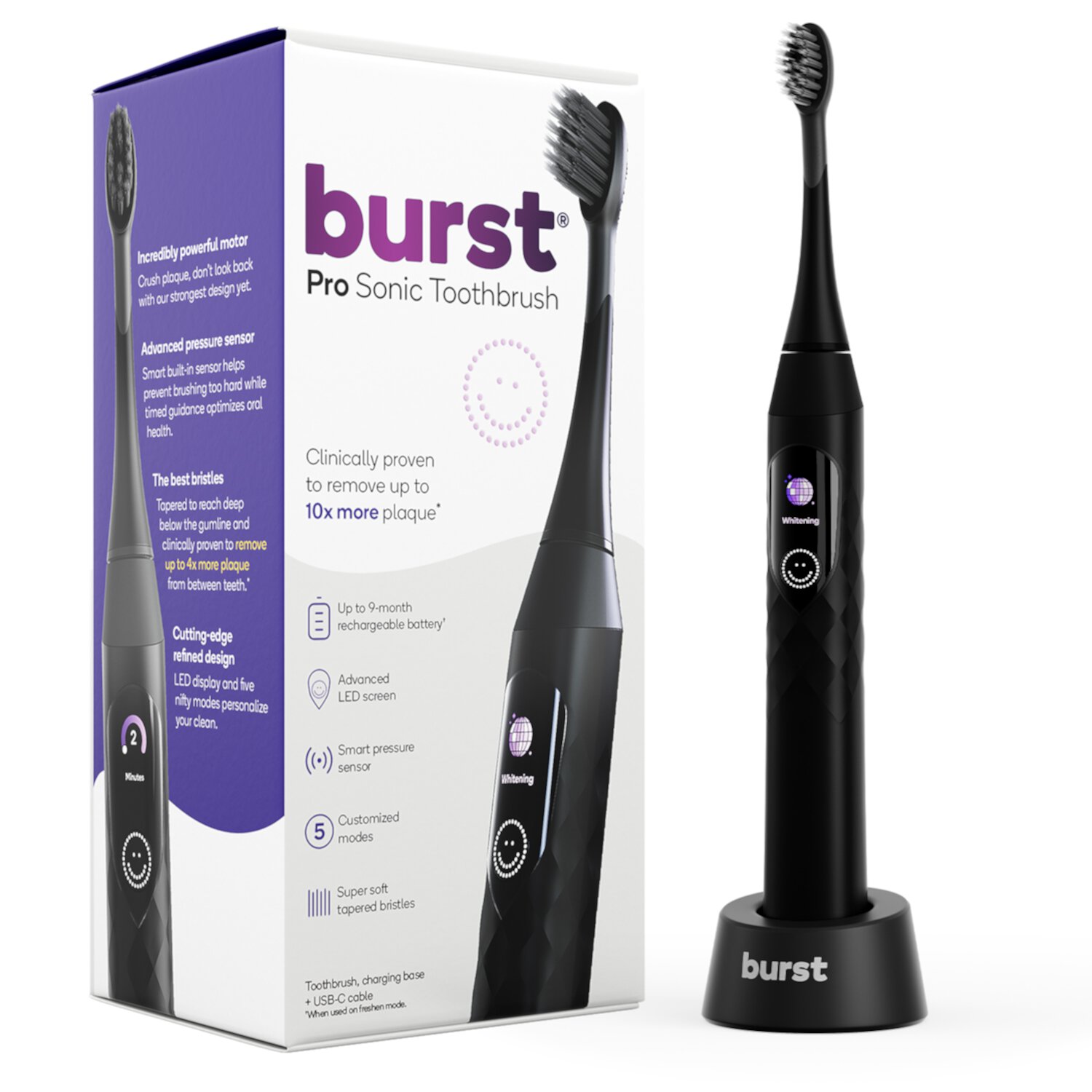 Burst Pro Sonic Toothbrush, Rechargeable Electric Toothbrush, Pressure Sensor, Black Burst