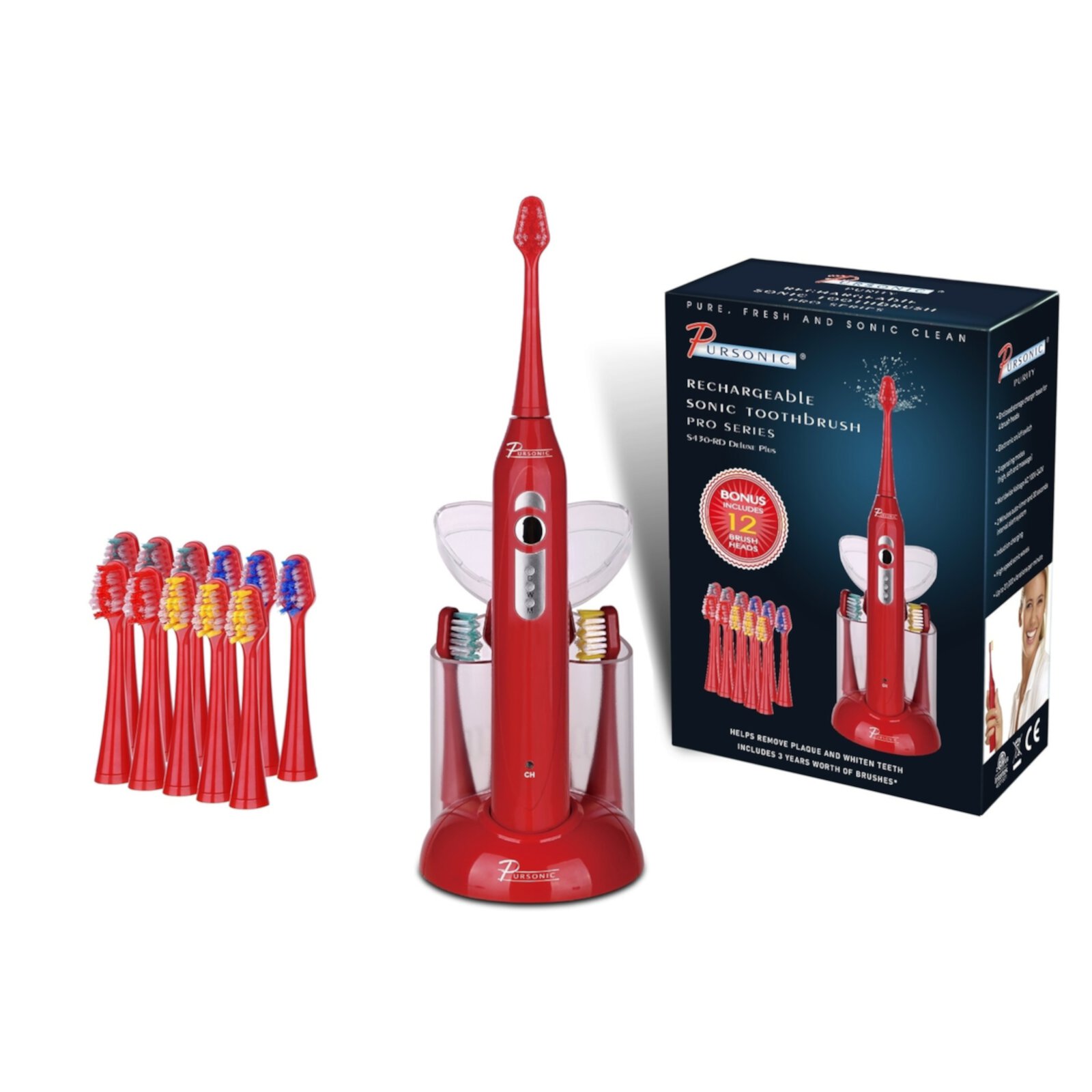 Pursonic 15-piece electric sonic toothbrush in red Pursonic