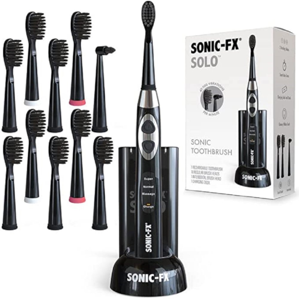 Sonic-FX Solo Electric Toothbrush W/ 10 Brush Heads + 1 Interdental, 3 Brush Modes, Black Sonic-FX