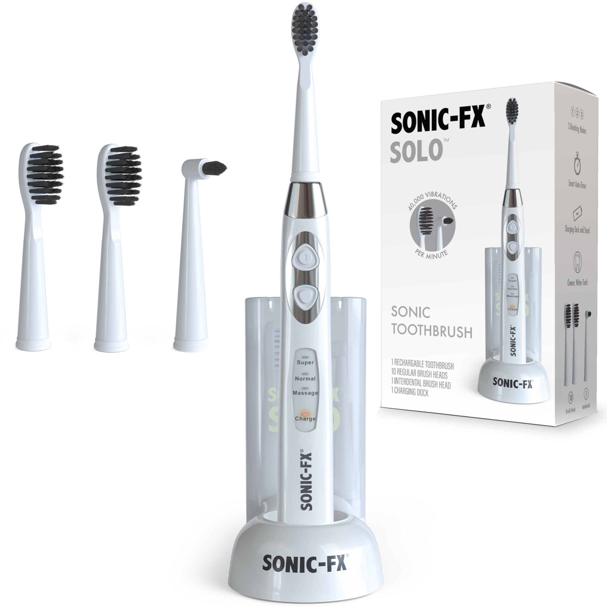 Sonic-FX Solo Electric Toothbrush w/ 2 Brush Heads + 1 Interdental, 3 Brush Modes, White Sonic-FX