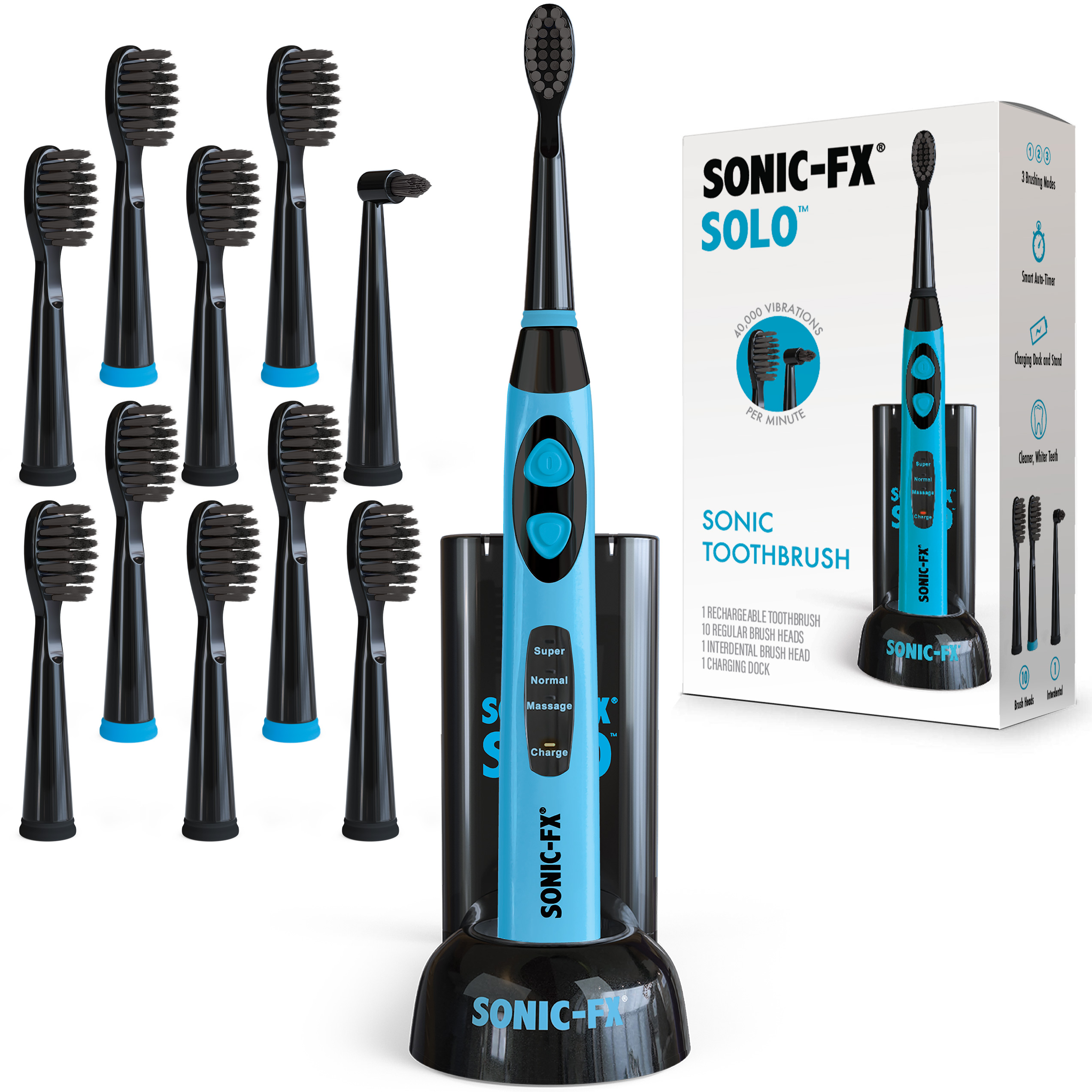 Sonic-FX Solo Electric Toothbrush w/ 10 Brush Heads + 1 Interdental, 3 Brush Modes, Blue Sonic-FX